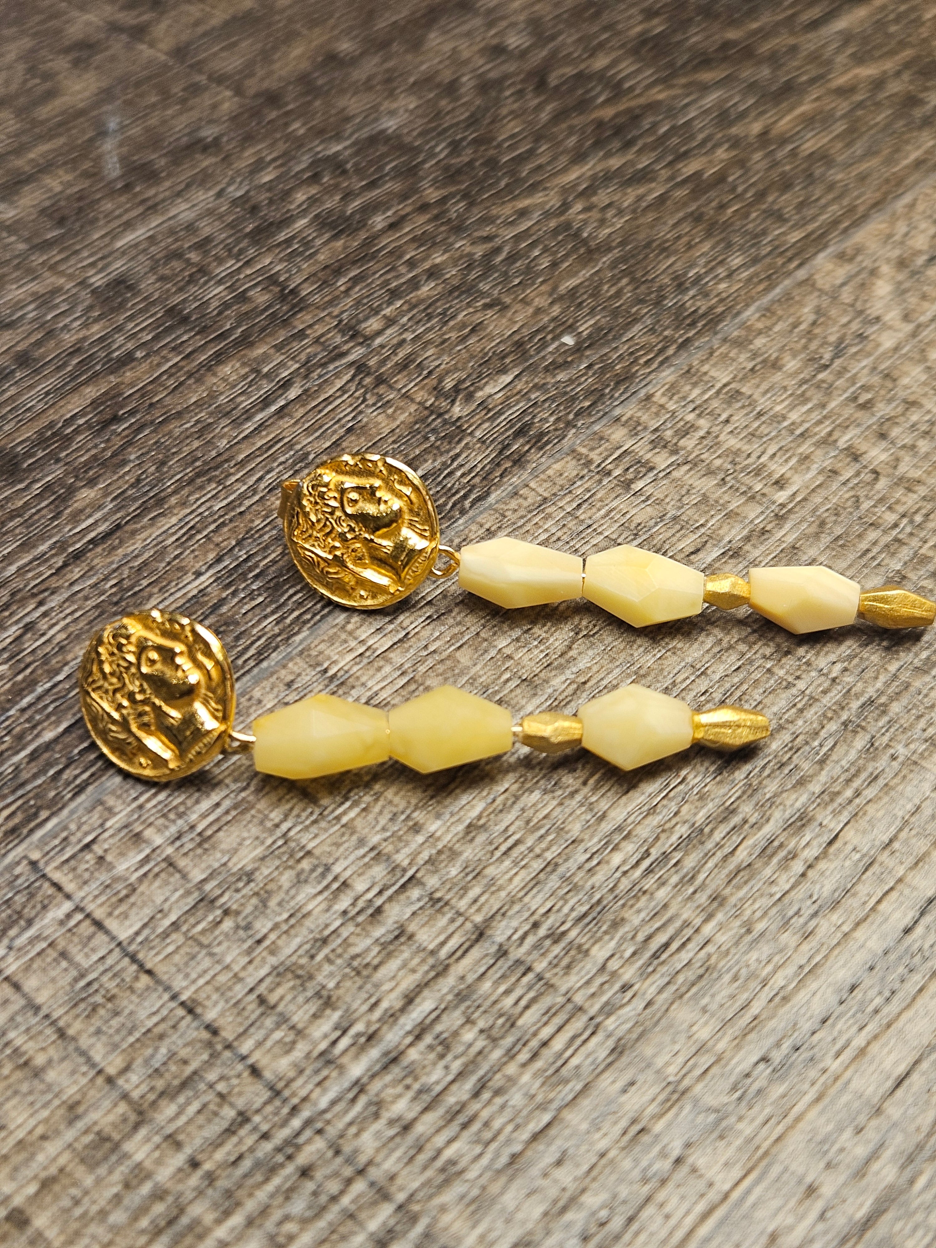 Karbon, white amber earrings, .925 gold coated