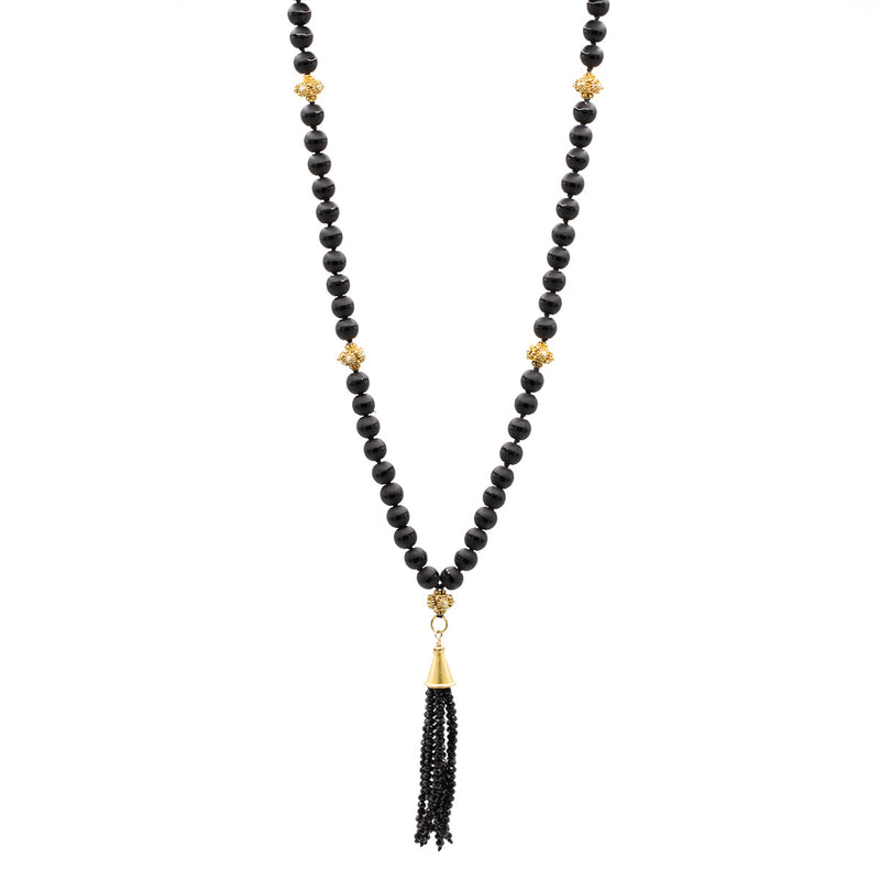 Mala 34" Faceted Spinel, Onyx Beads with Vermeil .925 Filigree Beads and Tassel Top