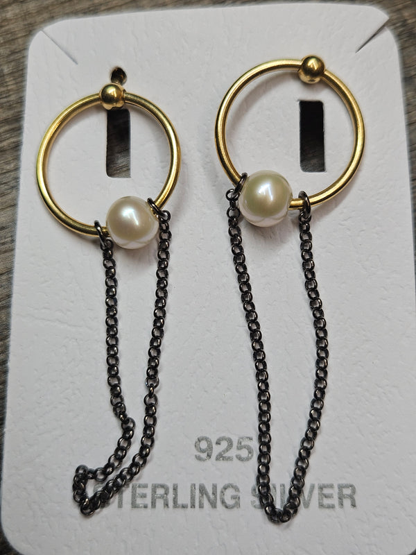 .925 GF Round hoop, chain & pearl earring