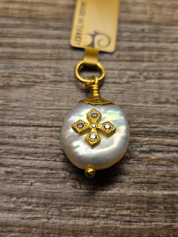 Cross Pearl, 24k gold pendant diamond