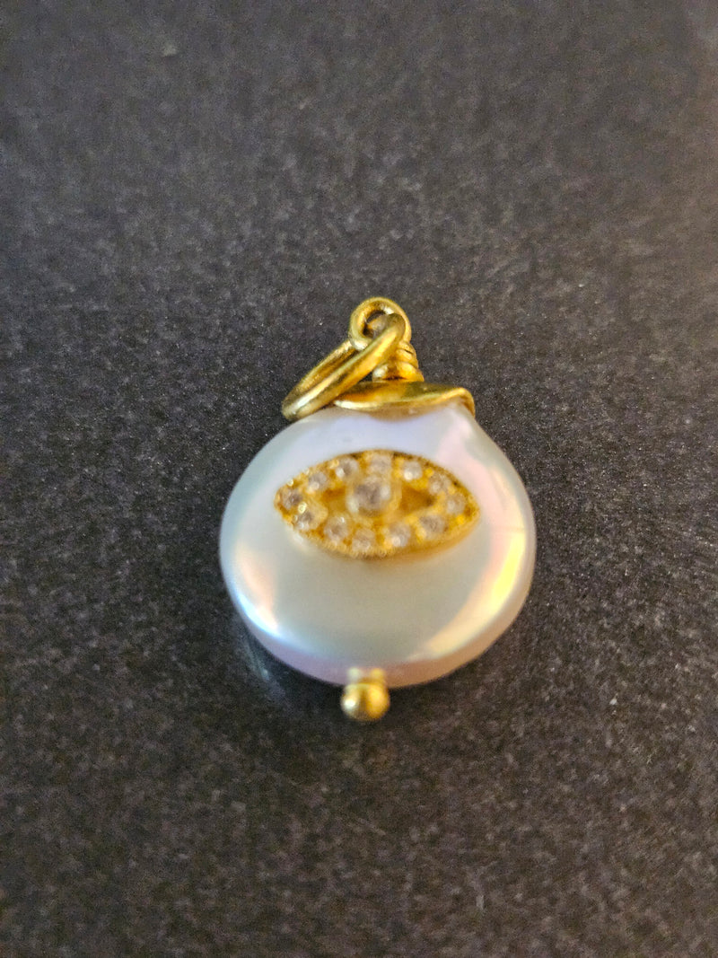 Eye Pearl Coin Pendant, 24k gold diamond