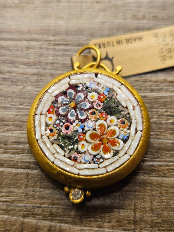 Vintage micro mosaic pendant, 24k gold, diamond .925