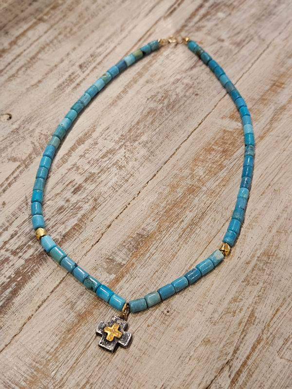 Cross diamond pendant 24k gold, Turquoise NK