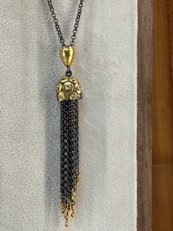 Tassel pendant necklace, 24k gold, diamond & Silver