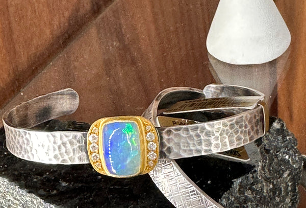 Blue opal bracelet, 24k gold, diamond & silver