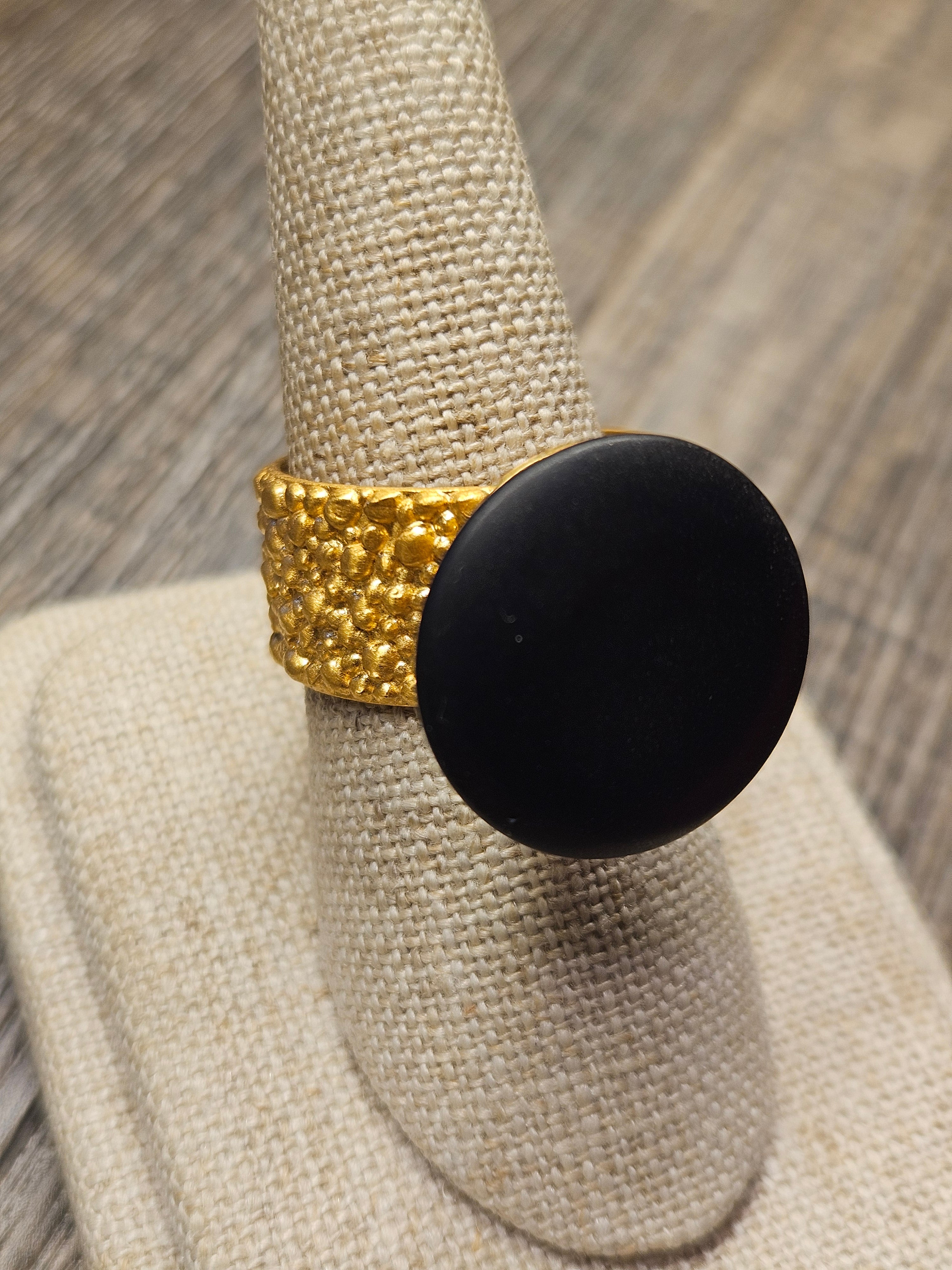Lava black amber ring, .925 gold coated