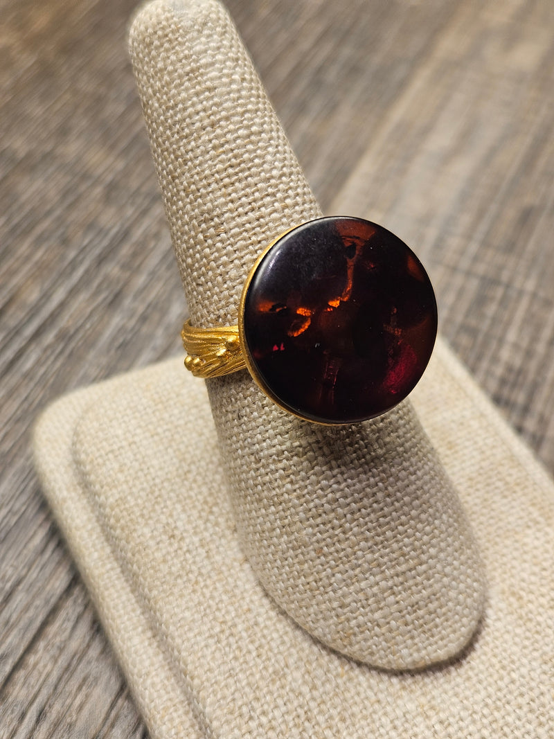 Pasta black amber ring, .925 gold coated