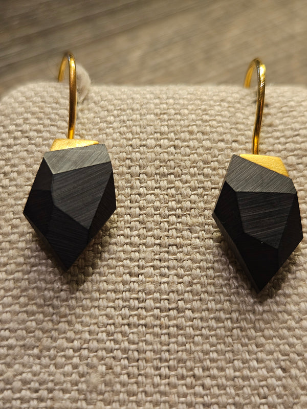 Guido, black amber earrings,  .925 gold coated