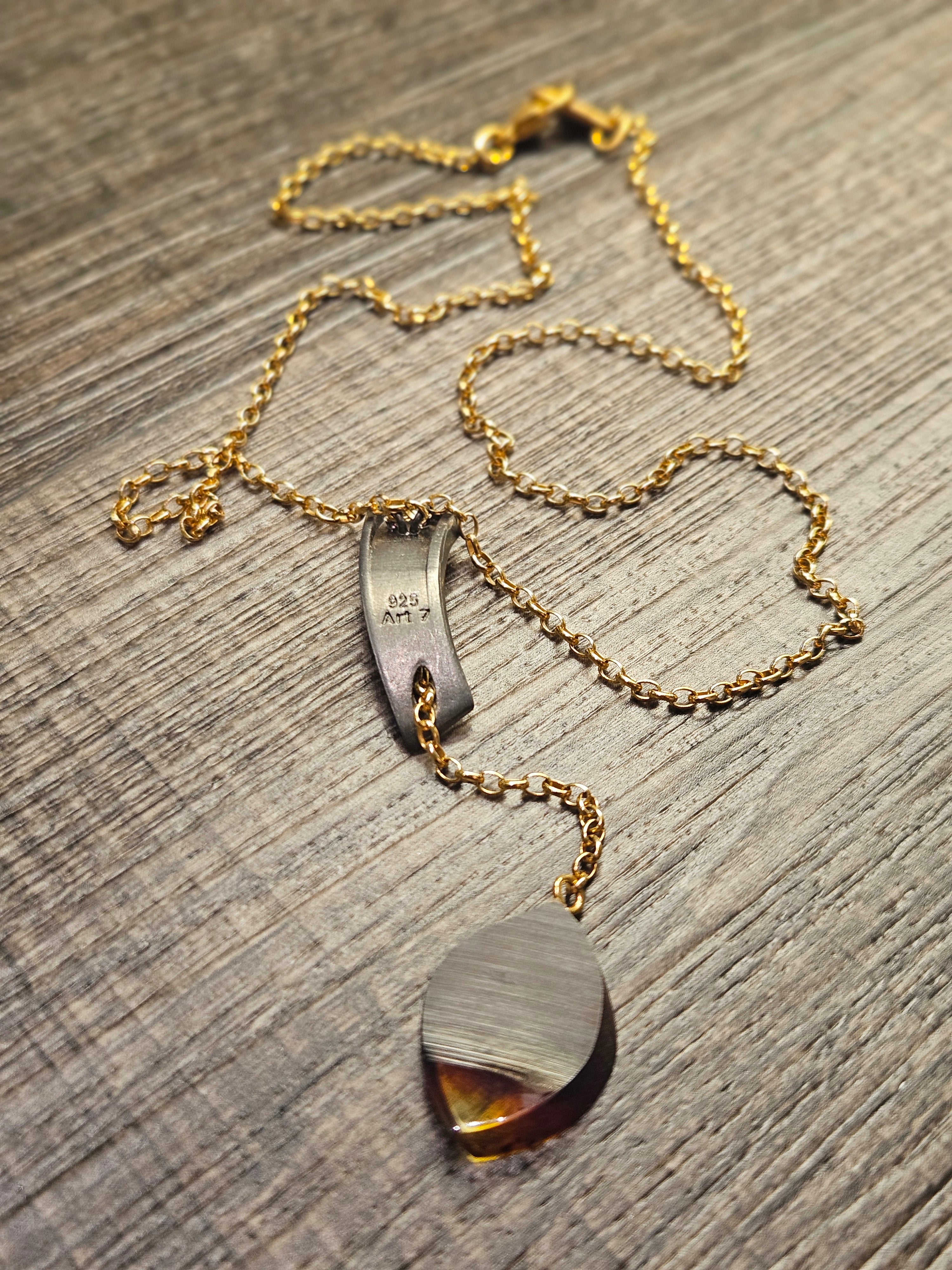 Ploza, black amber necklace, .925 gold coated