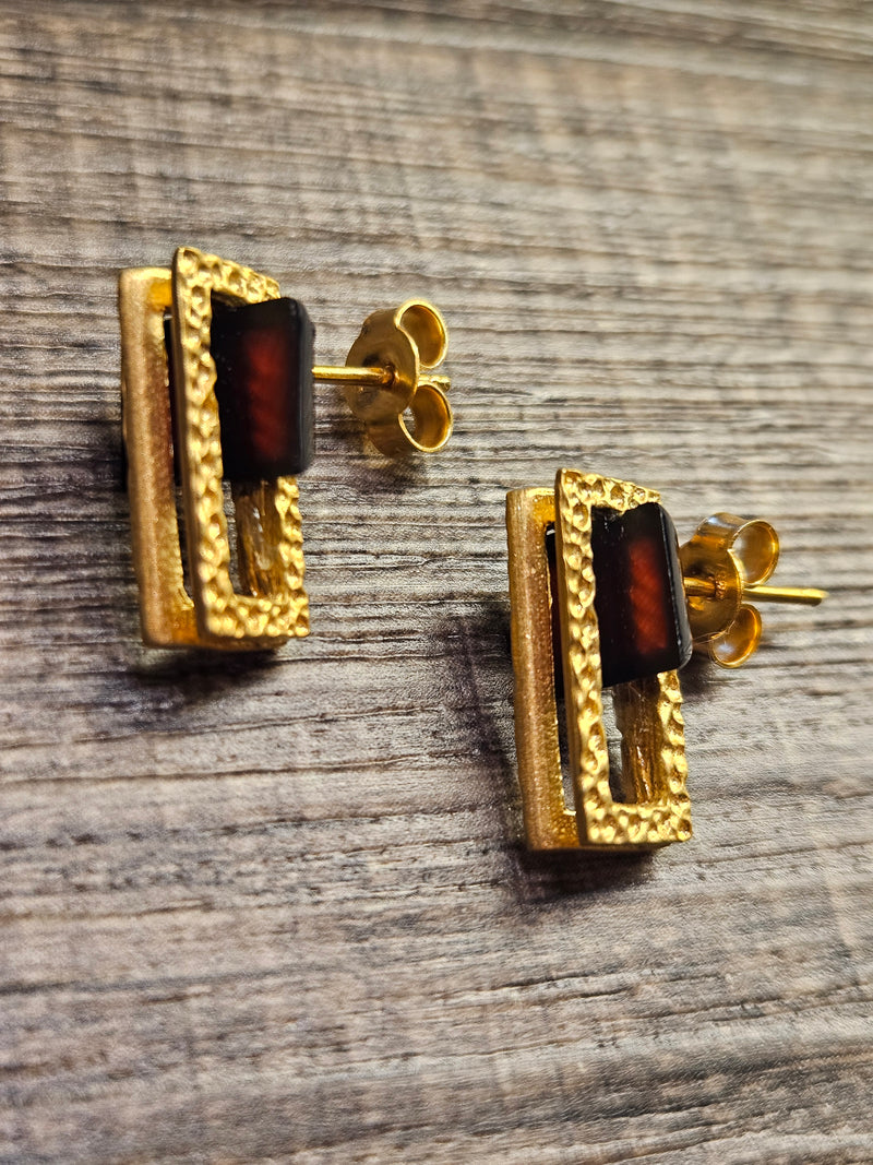 Frame, black amber earrings, .925 gold coated