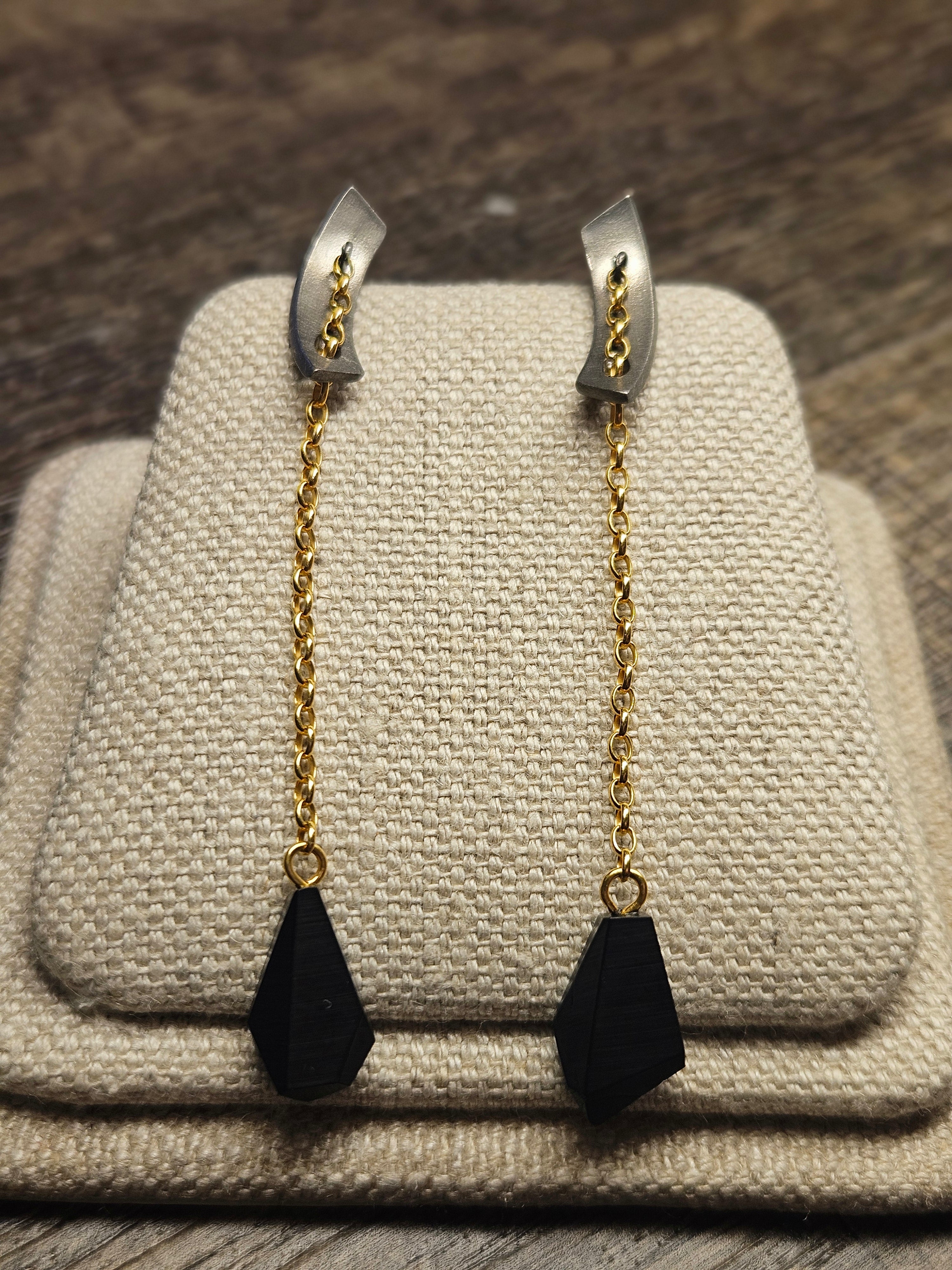 Ploza, black amber earrings, .925 gold coated