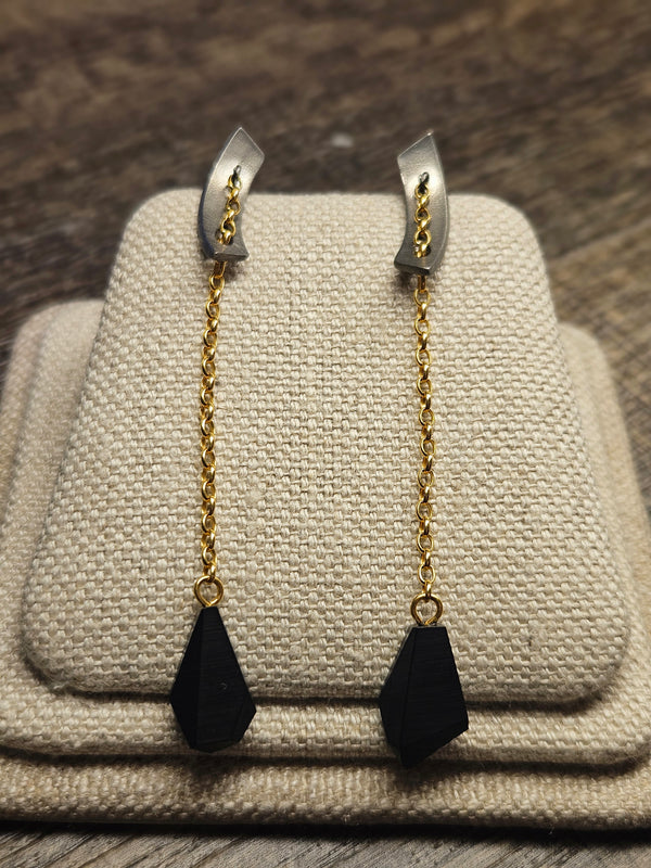 Ploza, black amber earrings, .925 gold coated