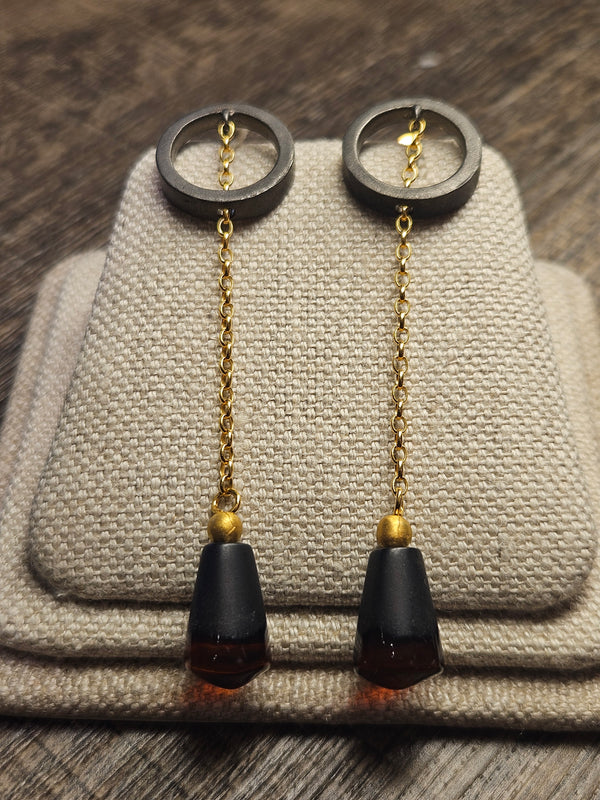 Kolo, black amber earrings, .925 gold coated