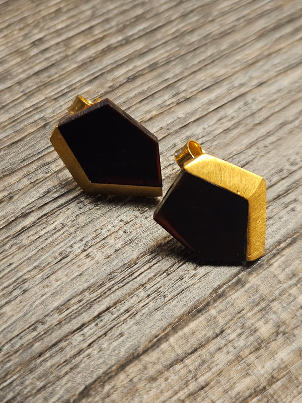 Shavent, black amber earrings, .925 gold coated