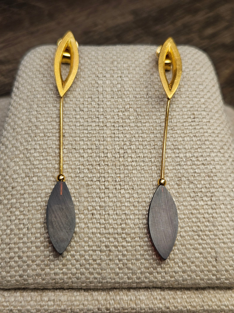 Leaf, black amber earrings, .925 gold coated