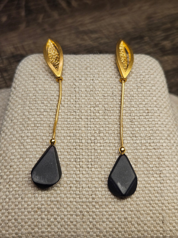 Azur, black amber earrings, .925 gold coated