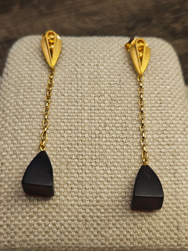 Domek, black amber earrings, .925 gold coated