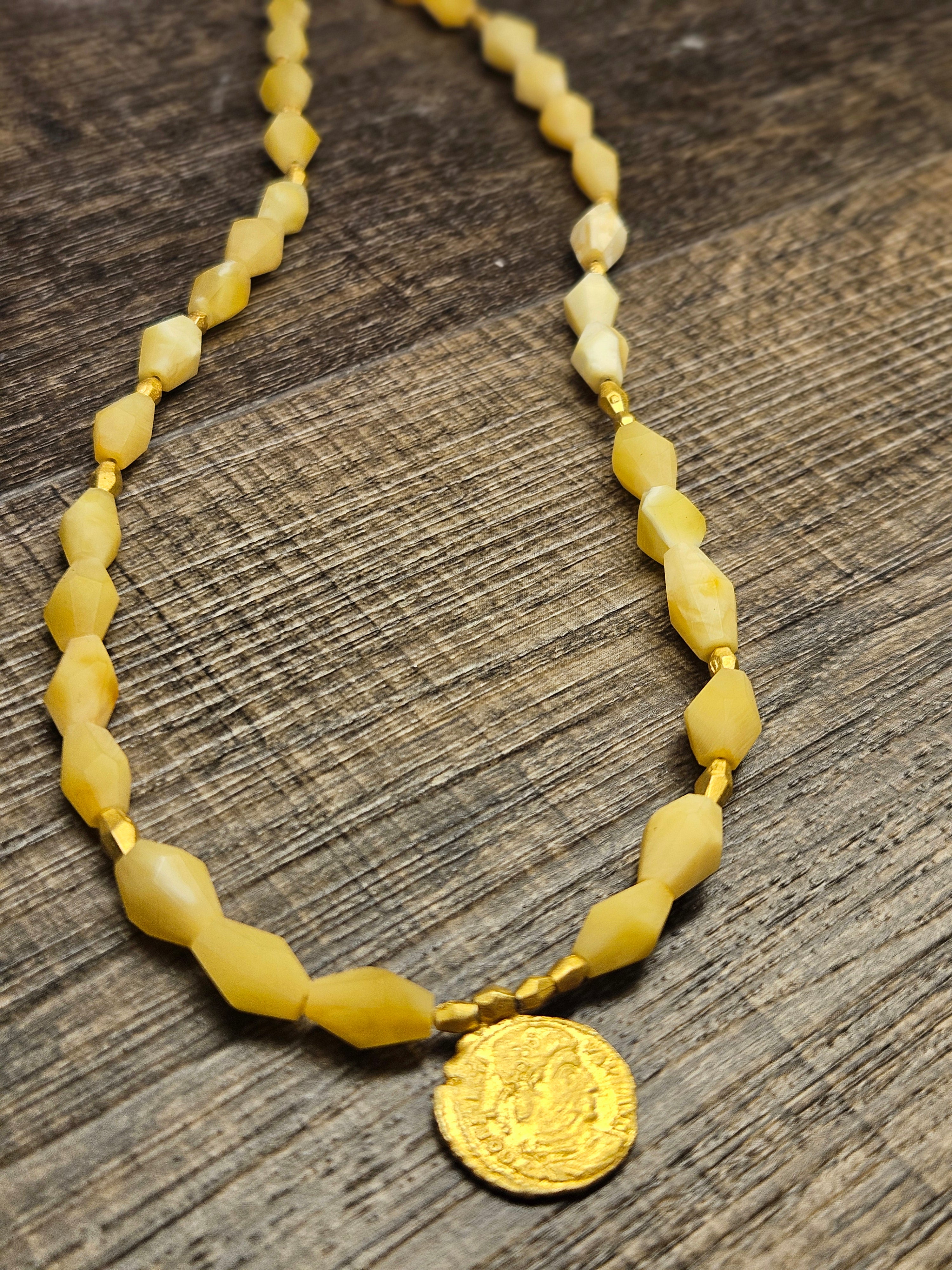 Karbon, white amber necklace, .925 gold coated