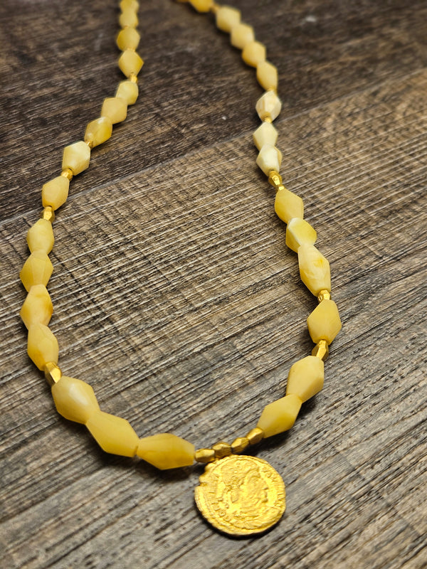 Karbon, white amber necklace, .925 gold coated