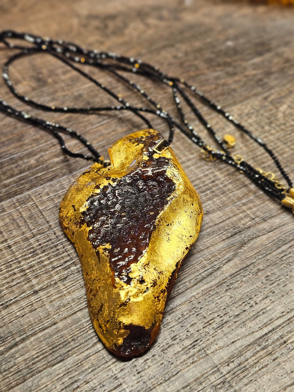 Golden legend, leaf amber necklace, 24 ct. gold