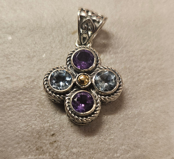 Blue Topaz/Amethyst Flower Pendant .925