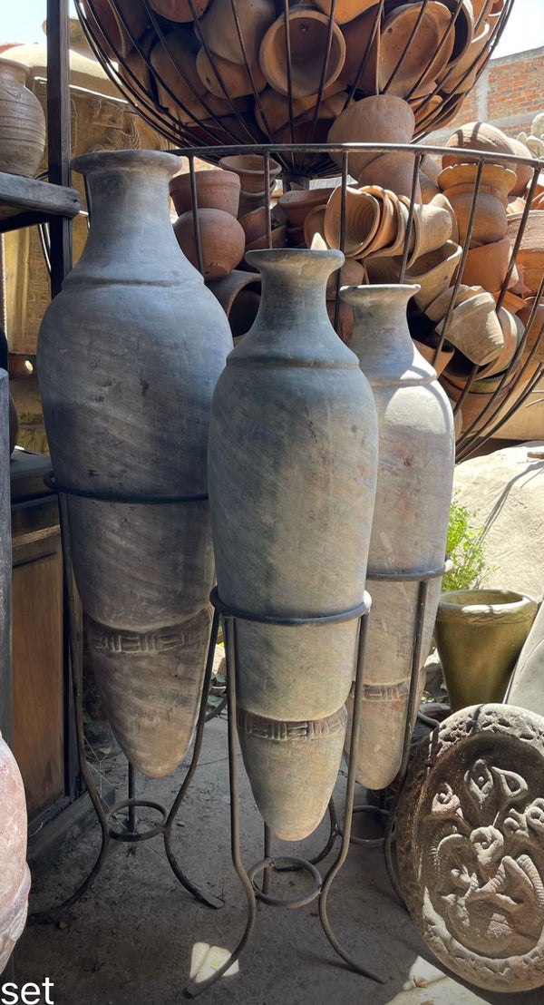 Grande Trio of Tall Clay Narrow Pots on Stands
