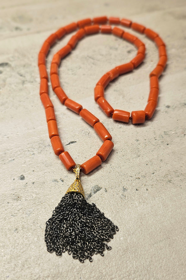 24" Coral 18kt/.925 Tassel Necklace