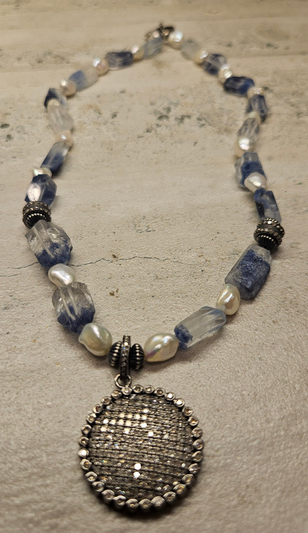 Dumortierite Quartz Necklace, Circle Diamond Pendant 895