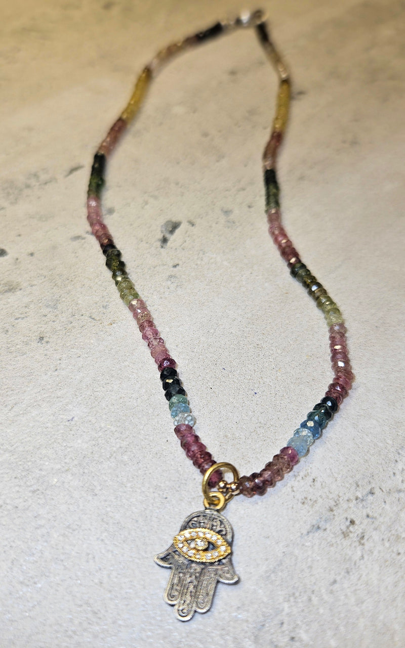 Hamsa Evil Eye Pendant, Tourmaline Necklace 329