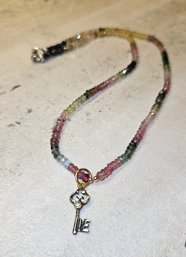 Mini Key diamond Pendant, Tourmaline Necklace 348