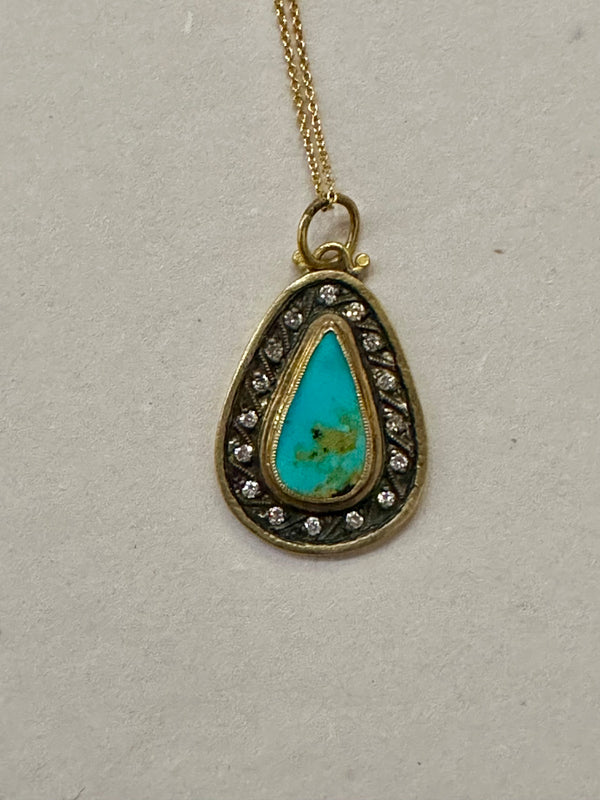 24k Gld Turq Teardrop Dia Pendant 015