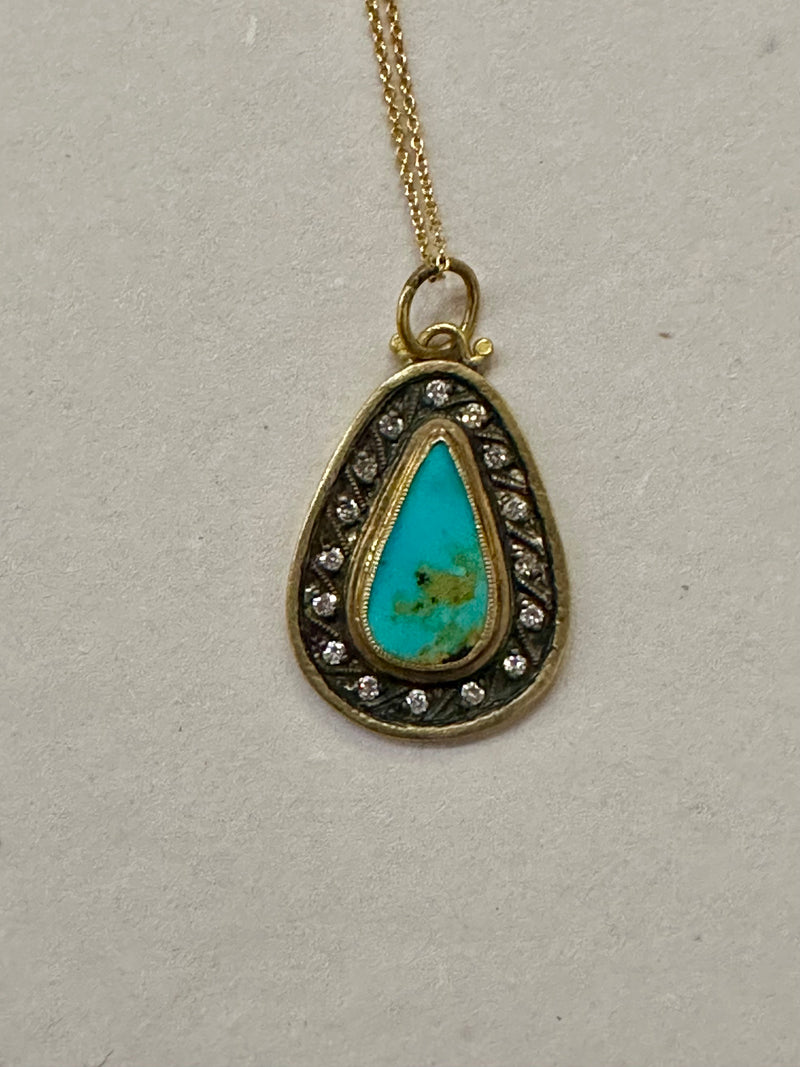 24k Gld Turq Teardrop Dia Pendant 015