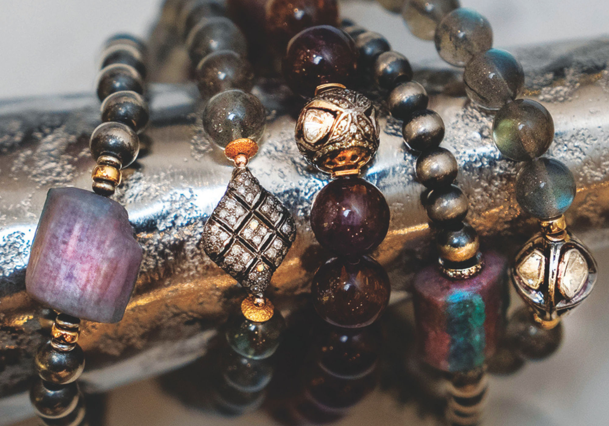 Handcrafted gemstone mala bracelets at Sukhmani's Santa Fe jewelry showroom