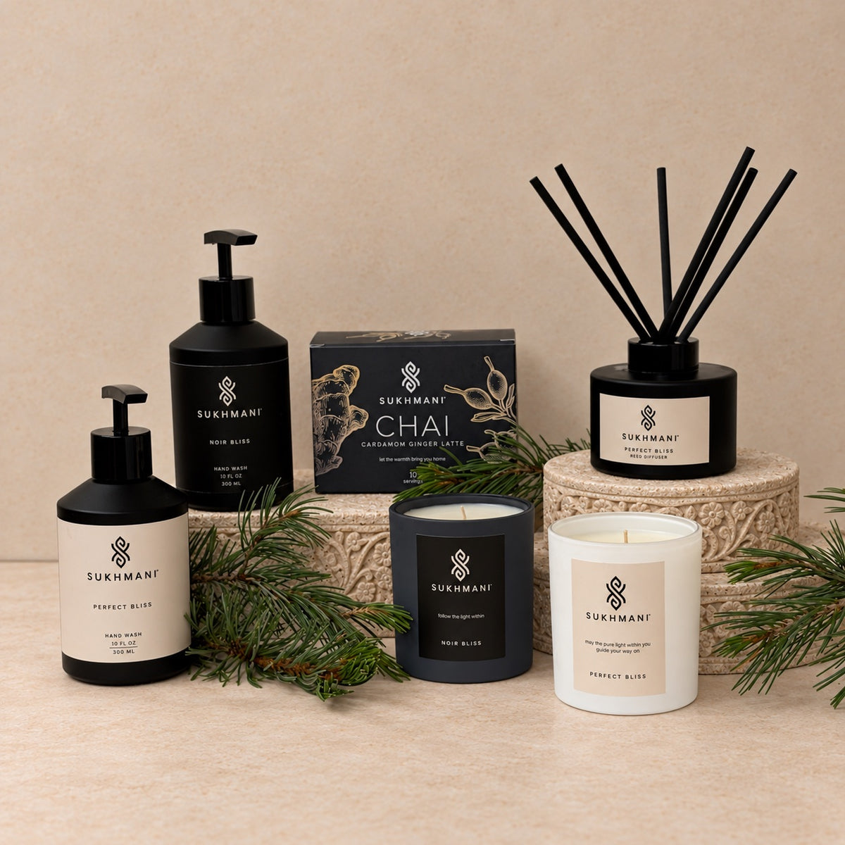 Sukhmani Apothecary Gift Set with Candles, Diffuser & Chai