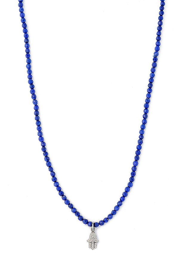Delicate Faceted Lapis Necklace with Sterling Silver Diamond Hamsa Pendant