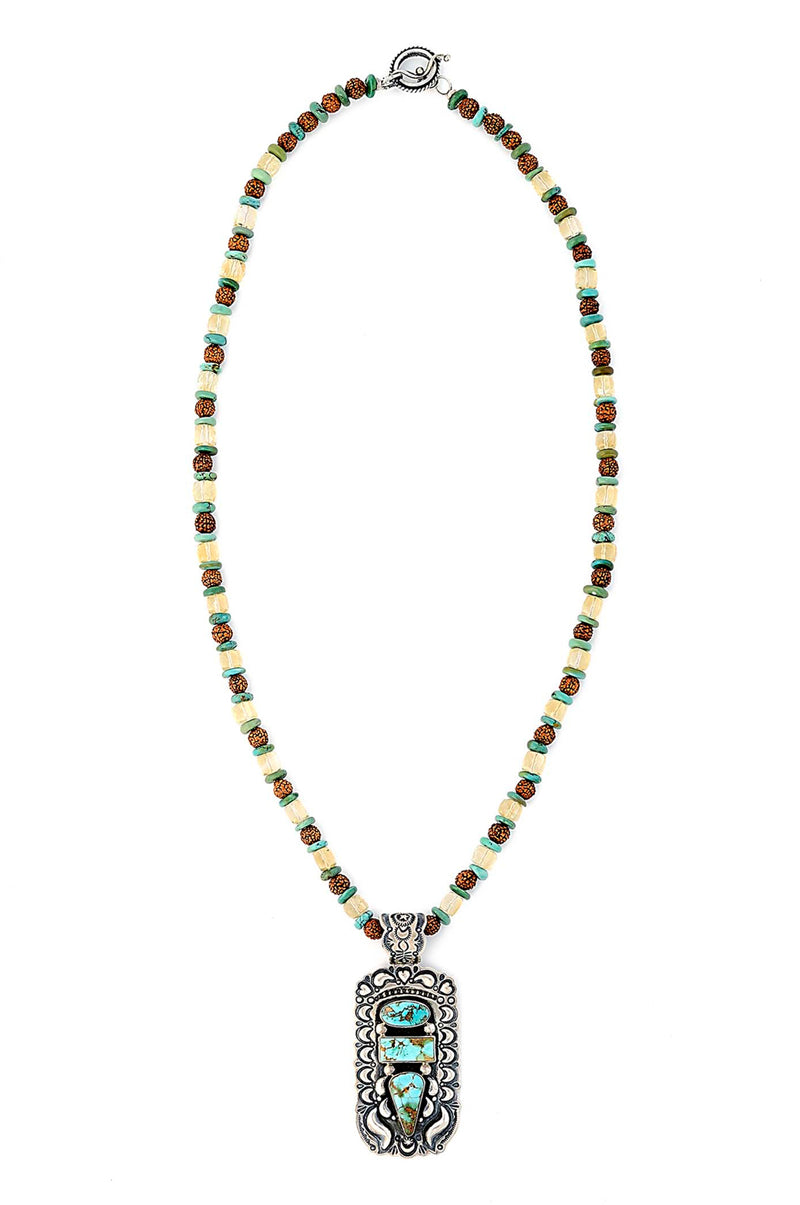 ONE OF A KIND Navajo Pendant With Royston Turquoise on Rudraksha & Honey Quartz Necklace