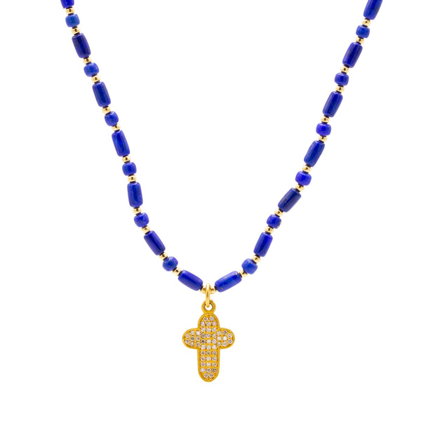 Beautiful Lapis / 18K Gold Necklace With 18k Gold & Diamond Cross Pendant
