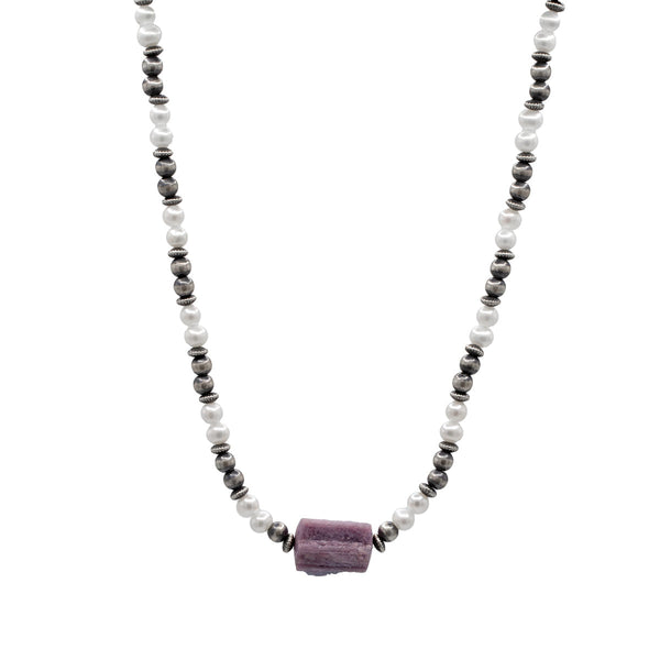 Rough Paraiba Tourmaline FW Pearl & Navajo Pearl SS Beads 18" Necklace .925