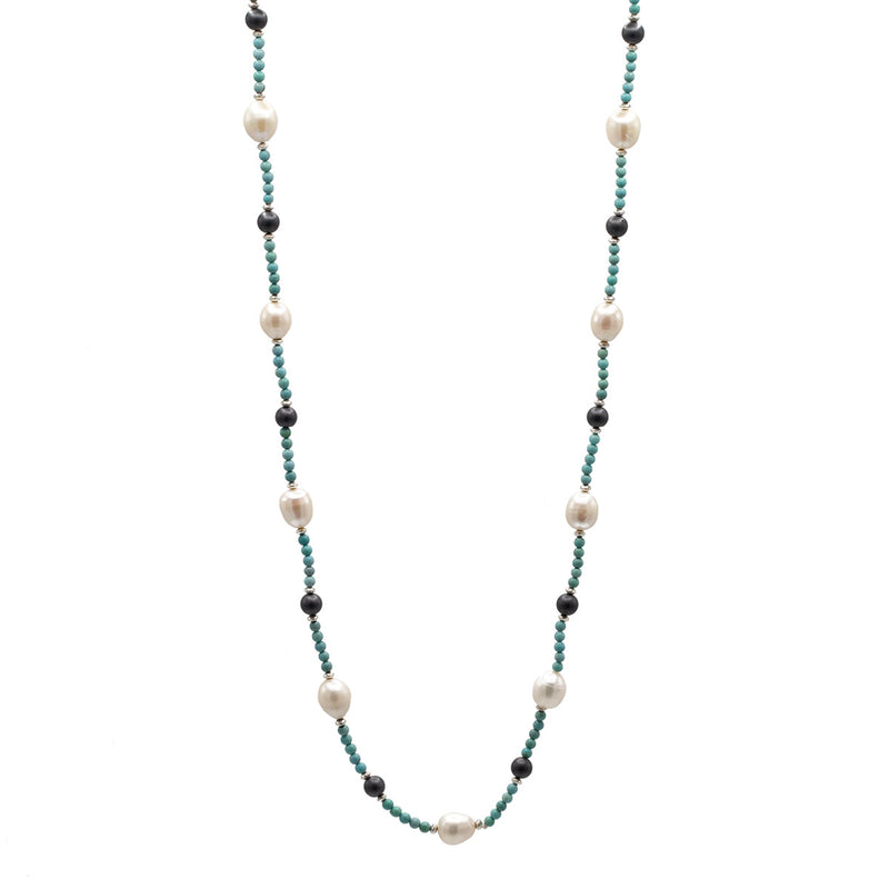 Necklace 44" Turquoise, Hematite, Fresh Water Pearls and .925 beads