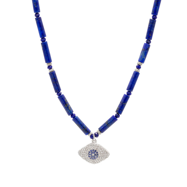 Lapis Bead Necklace 18" W/ Diamond/Sapphire 14kw  eye pendant, .925 Clasp and beads