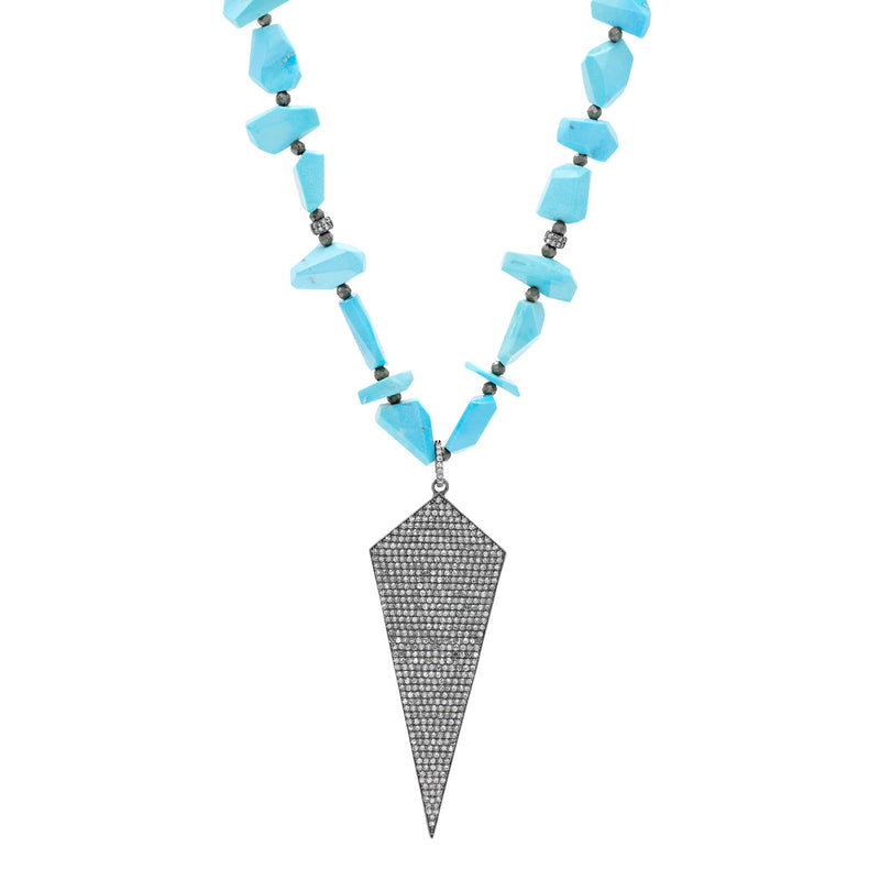 Contemporary Sleeping Beauty Necklace Accented with Blk Diamonds in SS & Chevron Diamond Pave Pendant