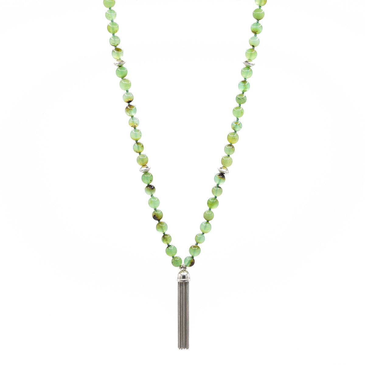 Mala 32" Necklace W/ Chrysoprase and .925 Saucer Beads & Tassel