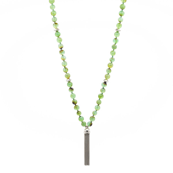 Mala 32" Necklace W/ Chrysoprase and .925 Saucer Beads & Tassel