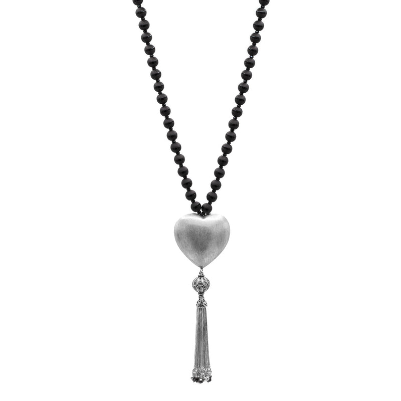 Black Onyx Bead Necklace 40" W/ .925 Hollow Heart and Tassel
