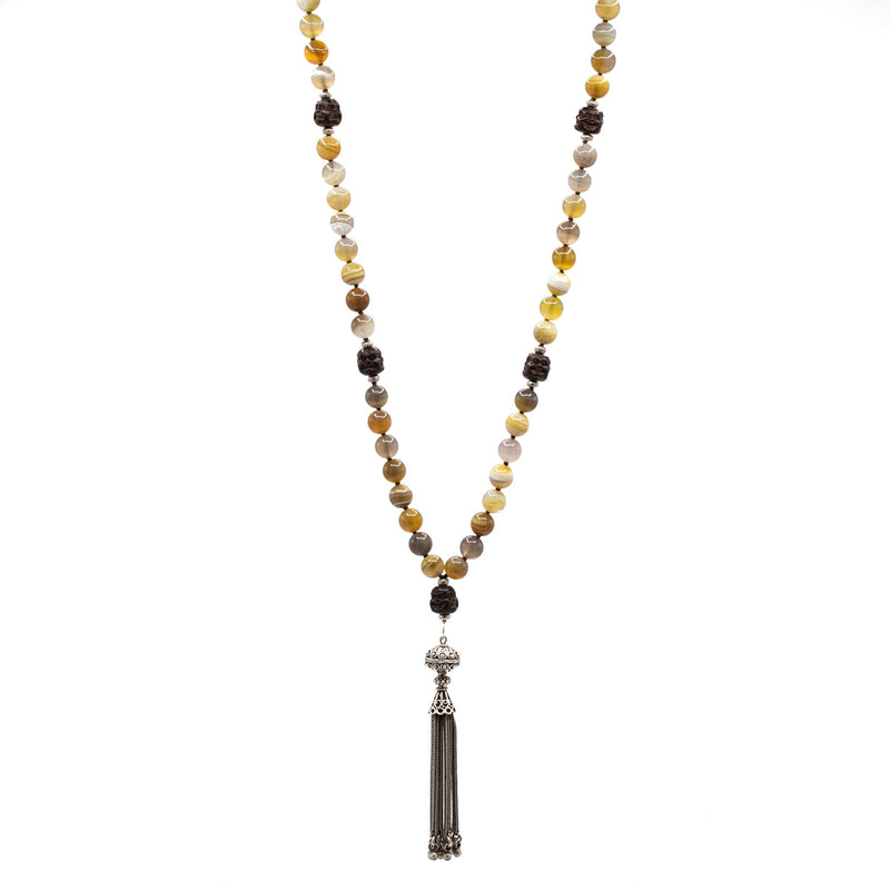Mala 40" Natural Agate Beads W/ Carved Buddha Beads & Sterling Tassel
