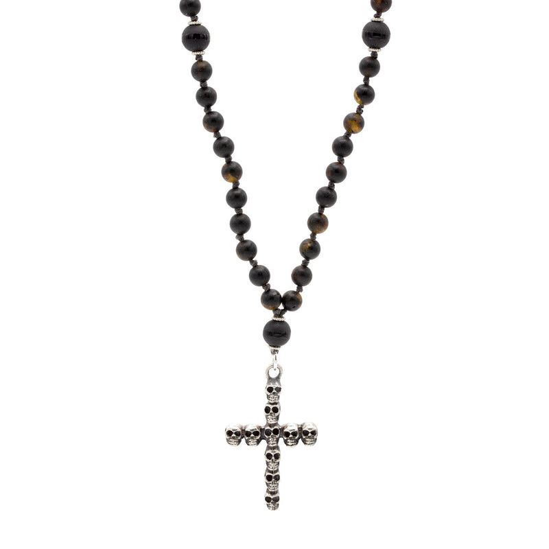 Mala 36" Dark Amber and Onyx Beads W/ .925 Skull Cross pendant