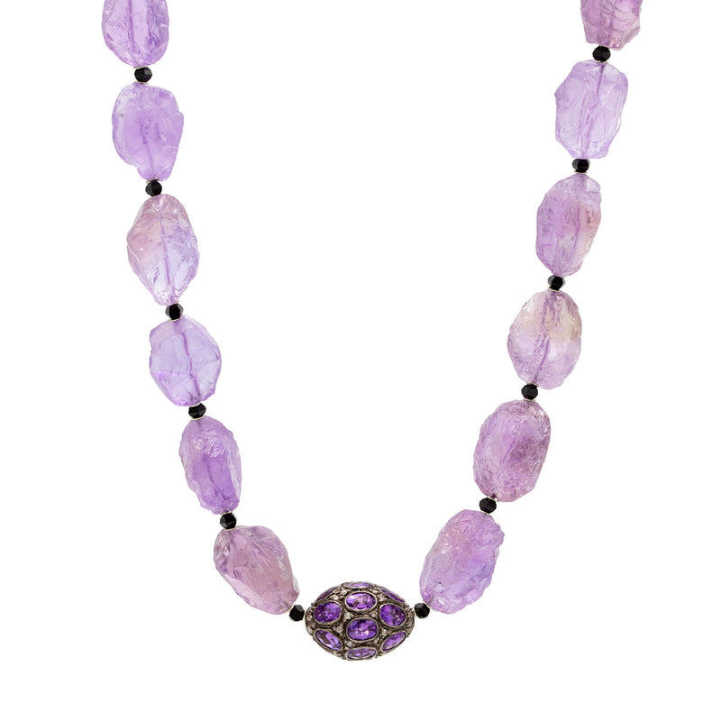 Rough Amethyst , faceted Spinel Necklace 19", W/ Amethyst & Diamond .925 Bead & Clasp