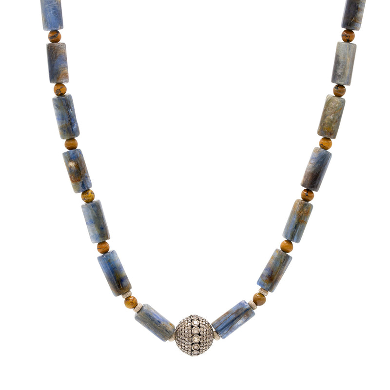 Kyanite Cylinder, Tiger Eye Rd Bead Necklace 18" .925 spacer beads & Dia Pave Ball Bead