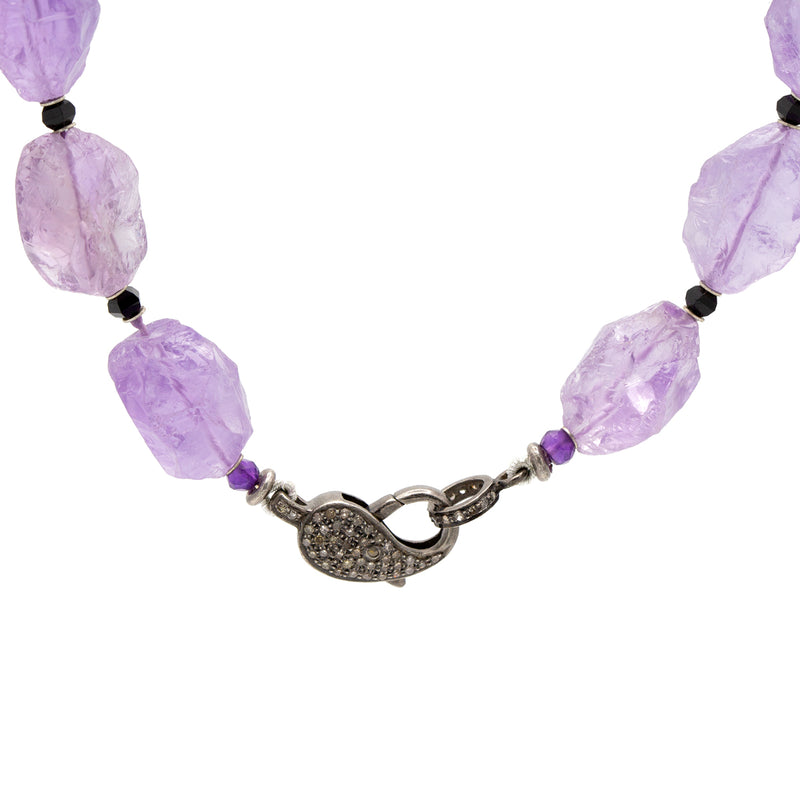 Rough Amethyst , faceted Spinel Necklace 19", W/ Amethyst & Diamond .925 Bead & Clasp